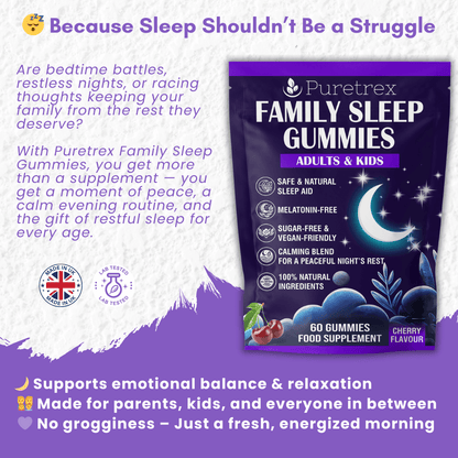 Puretrex Family Sleep Gummies package with product benefits text on a purple background, showing safe and natural sleep aid features.