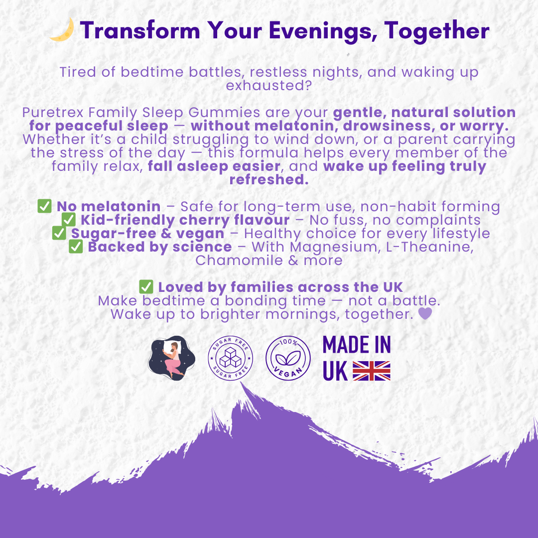 Puretrex Family Sleep Gummies packaging with usage instructions and nutrition information on a purple background.