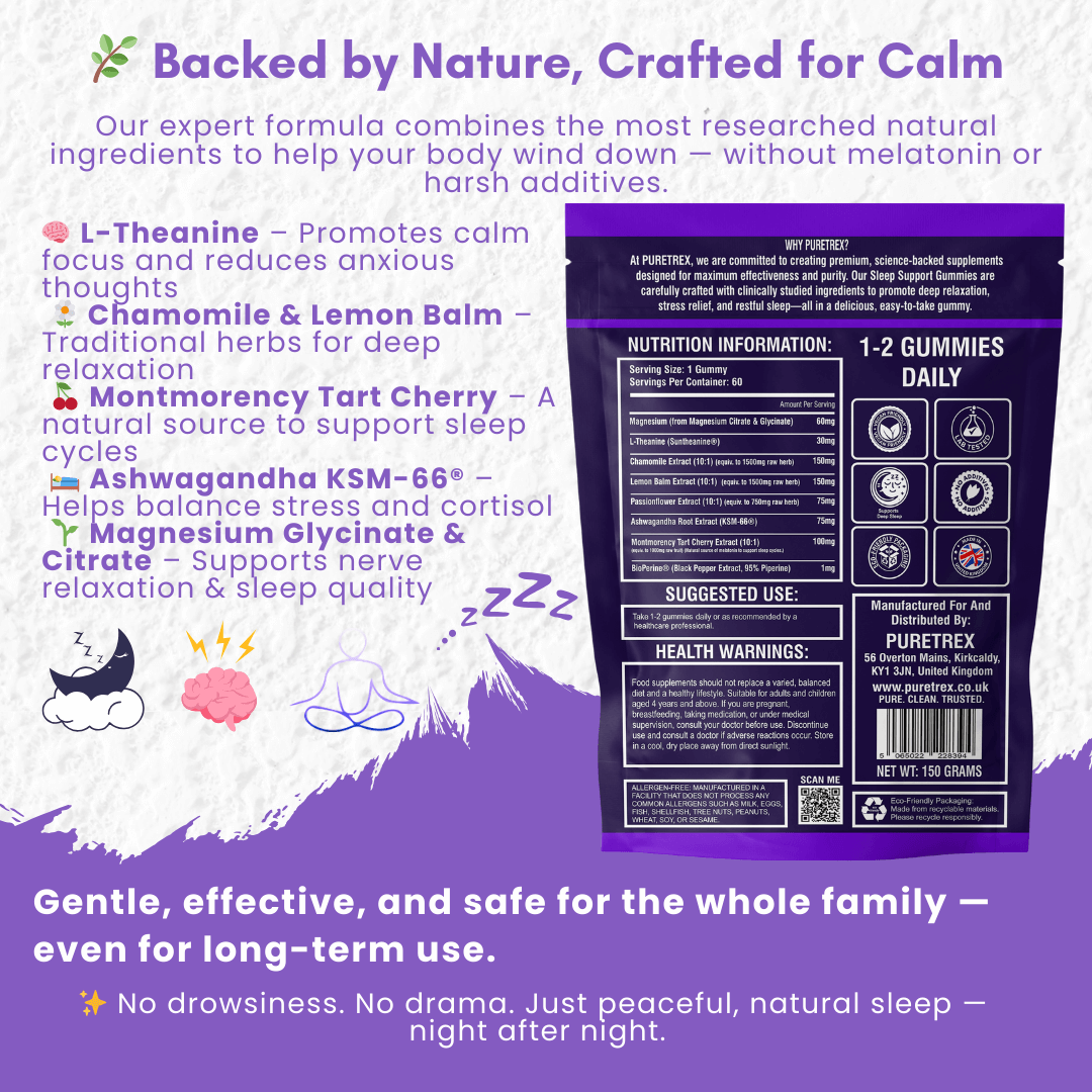 Puretrex Family Sleep Gummies packaging with ingredient highlights like magnesium, chamomile, L-theanine, and tart cherry on a white and purple background.