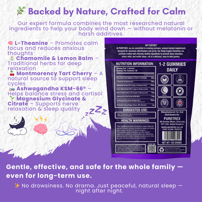 Puretrex Family Sleep Gummies packaging with ingredient highlights like magnesium, chamomile, L-theanine, and tart cherry on a white and purple background.