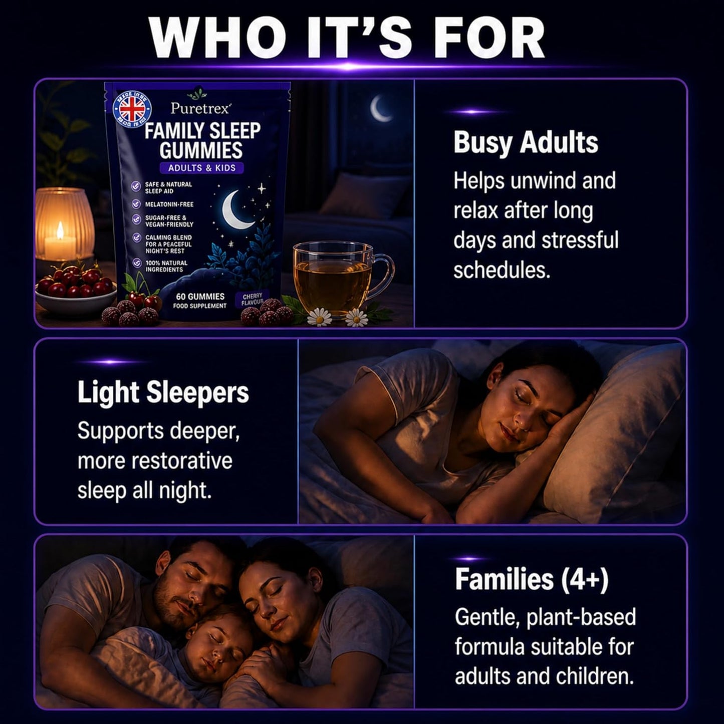 Promotional graphic for Puretreer Family Sleep Gummies, showing a dark blue bag of gummies alongside lifestyle scenes of a busy adult, a light sleeper, and a family of four in bed, with text explaining benefits for different sleep patterns.