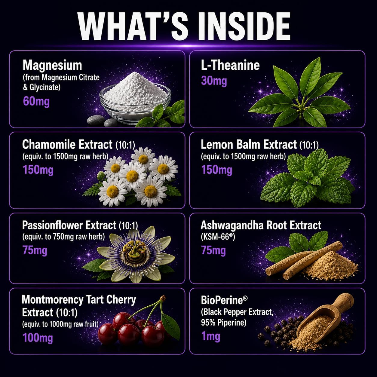 An infographic titled 'WHAT'S INSIDE' on a dark purple background showing eight supplement panels with text labels, icons, and small photos of ingredients including magnesium powder, L-Theanine leaves, chamomile flowers, lemon balm leaves, passionflower flower, ashwagandha root pieces, montmorency tart cherry berries, and BioPerine® pepper and balm.