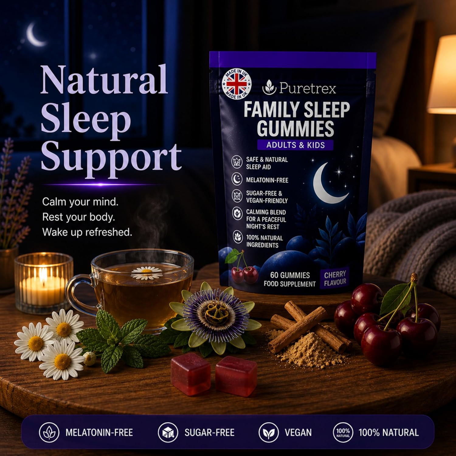 Puretrex Family Sleep Gummies for Adults & Kids in a dark purple bag, displayed on a wooden table with a glass of chamomile tea, candles, cherries, and flowers against a cozy night-time bedroom background.