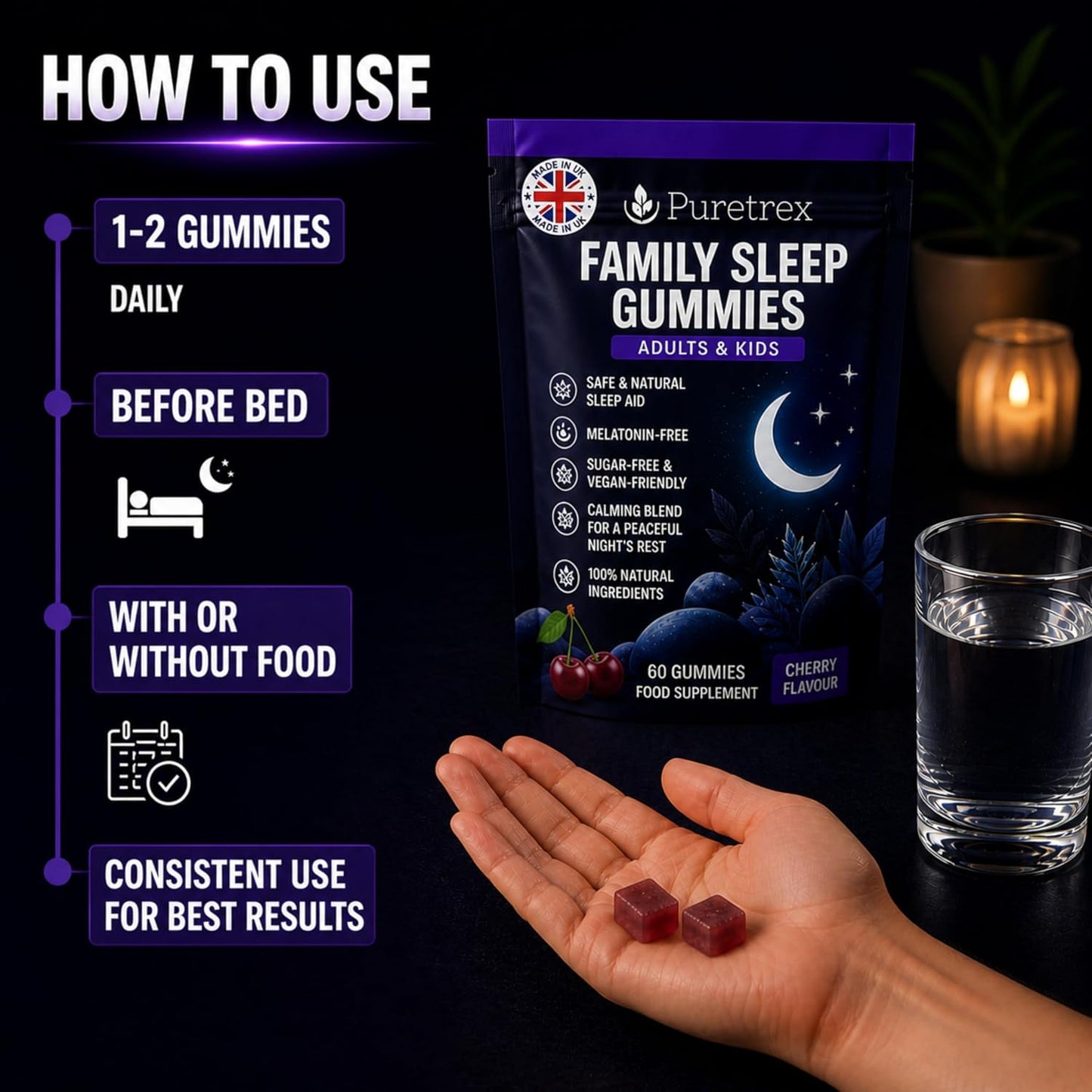 Puretrex Family Sleep Gummies packaging with usage instructions on a dark background