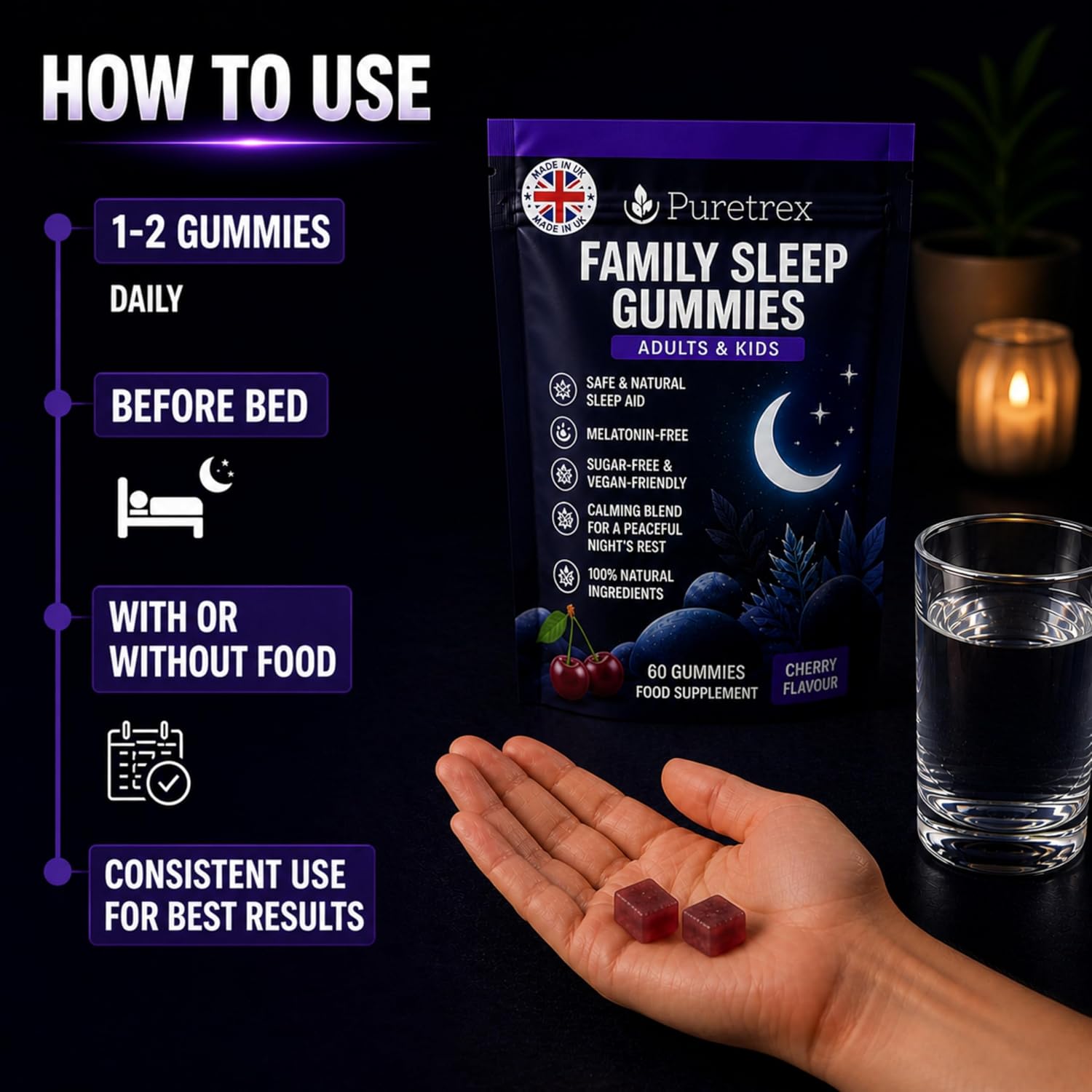 Puretrex Family Sleep Gummies packaging with usage instructions on a dark background