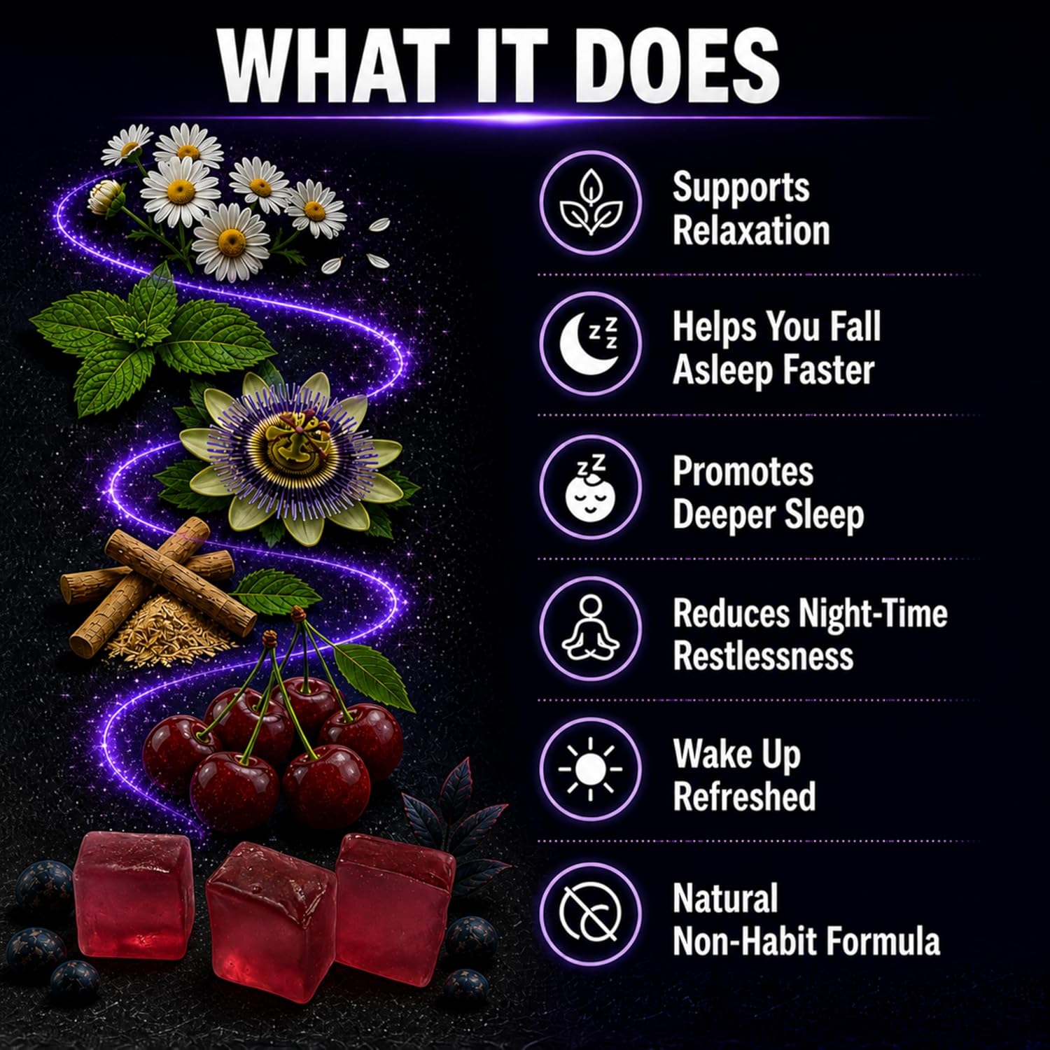Product packaging with natural ingredients and benefits listed on a dark background