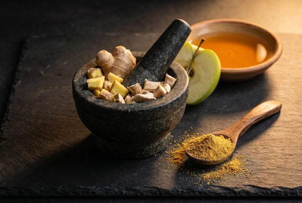 Stone mortar with ginger and chicory root — digestive wellness support PURETREX GLP-1 supplement