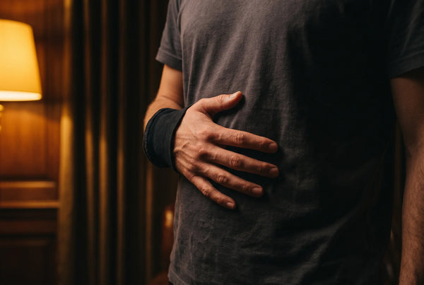Man holding stomach in discomfort representing the need for natural herbal gut cleanse support