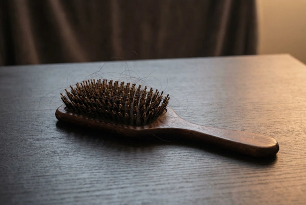 Hair brush with loose strands and softgel capsules on wooden surface representing natural pumpkin seed oil hair shedding support