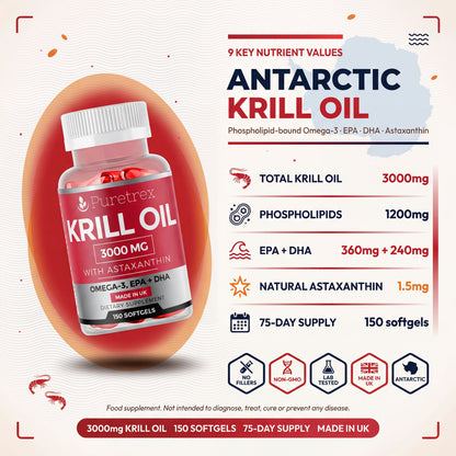 Krill Oil 3000mg – Astaxanthin, Omega-3, EPA & DHA (150 Softgels)