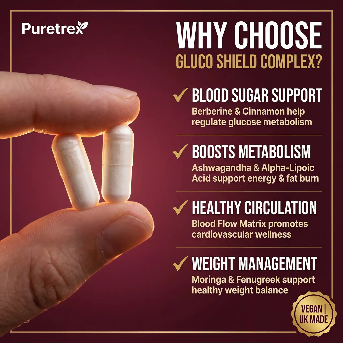 Gluco Shield Complex | 8 Natural Botanicals | BLOOD FLOW MATRIX