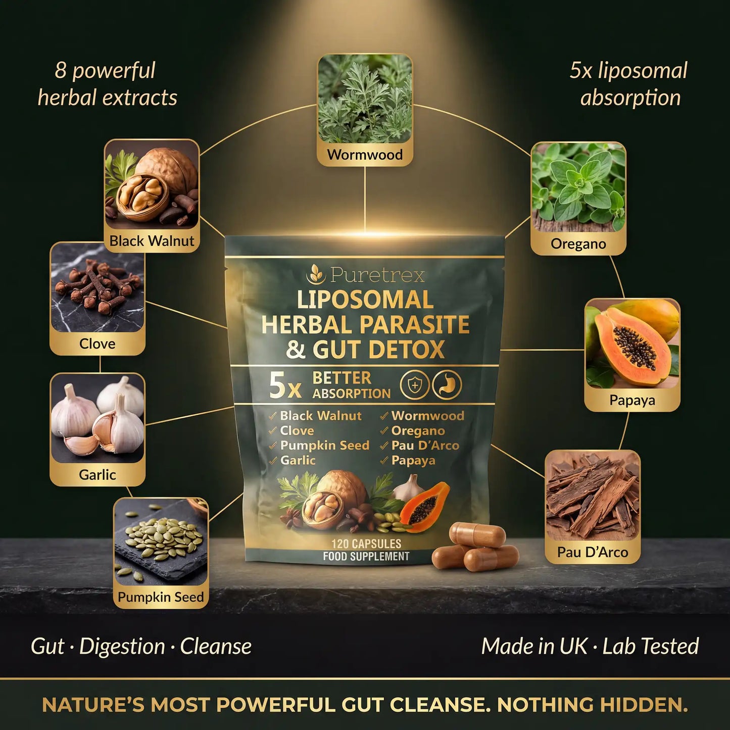PureTrex Liposomal Herbal Parasite & Gut Detox supplement packaging with herbal ingredients displayed.