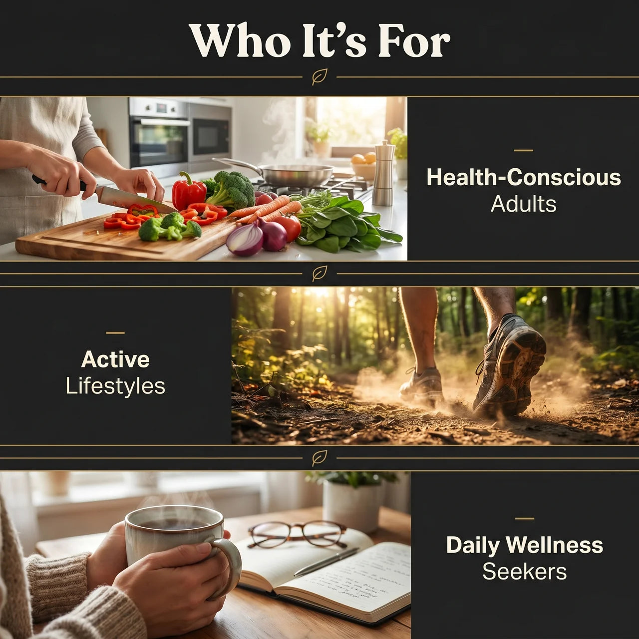 Collage of images showing people cooking, exercising, and reading, with text indicating target audience for health-conscious adults, active lifestyles, and daily wellness seekers.
