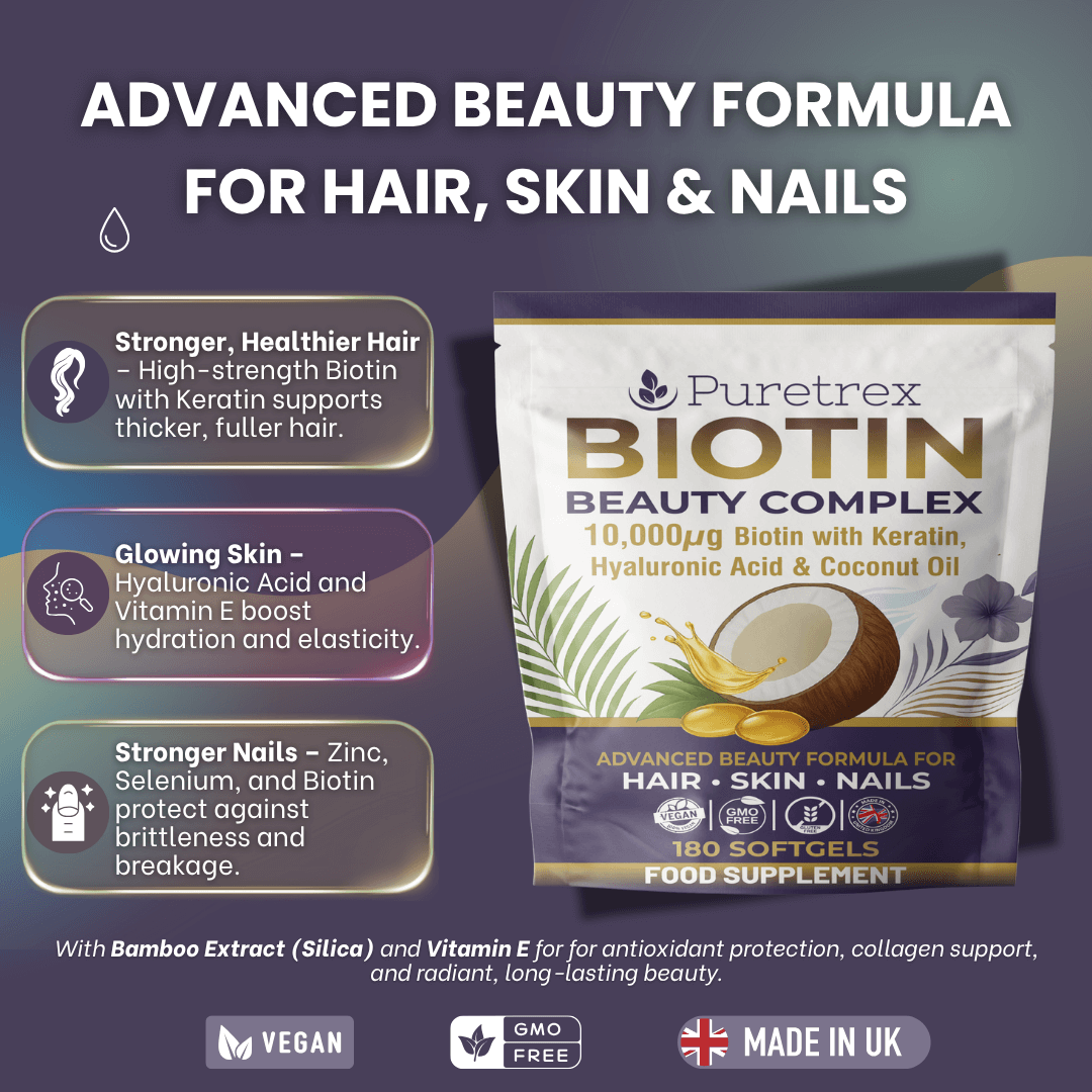 Puretrex Biotin Beauty Complex supplement package with text about benefits on a dark background
