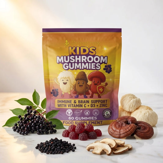 A stand-up pouch of Kids Mushroom Gummies displayed on a light marble surface with illustrated and real ingredient props including blackberries, raspberries, lion's mane, and reishi mushrooms. The package is orange and yellow with purple accents and cartoon characters on the front.