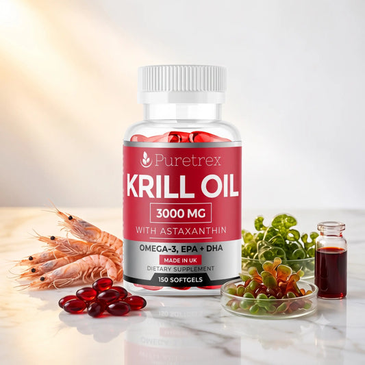 Puretrex Krill Oil 3000 MG dietary supplement bottle with red label, shown on a light marble surface with krill, shrimp, green algae, and red softgel capsules around it.