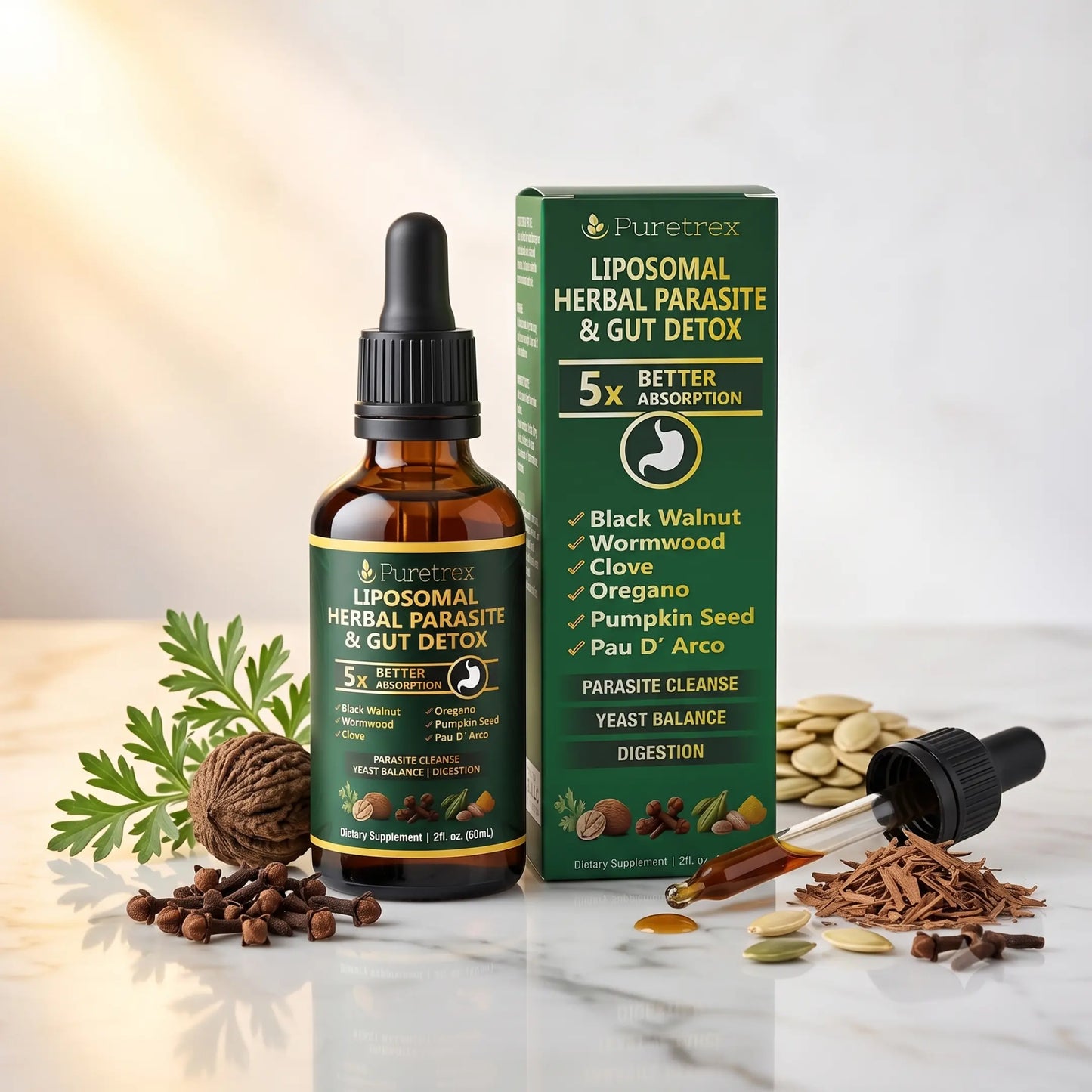 Puretrex Liposomal Herbal Parasite & Gut Detox supplement shown with an amber dropper bottle, matching green-and-black box, and scattered herbal ingredients on a light marble surface.