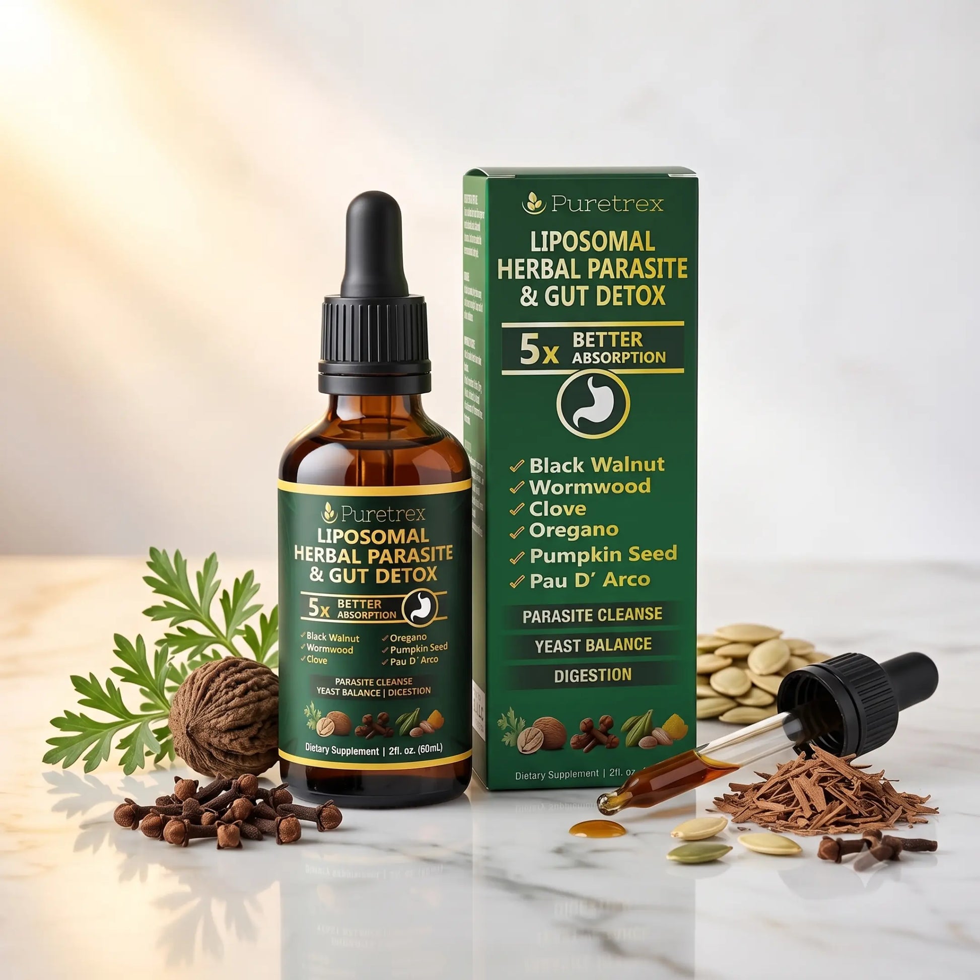 Puretrex Liposomal Herbal Parasite & Gut Detox supplement shown with an amber dropper bottle, matching green-and-black box, and scattered herbal ingredients on a light marble surface.