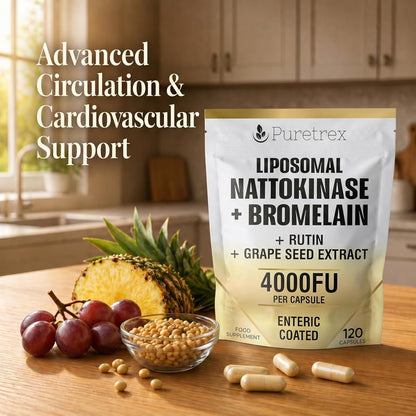 Puretrex Liposomal Nattokinase + Bromelain food supplement pouch displayed on a wooden table with grapes, a sliced pineapple, soybeans, and capsules, with text reading 'Advanced Circulation & Cardiovascular Support' in a kitchen setting.