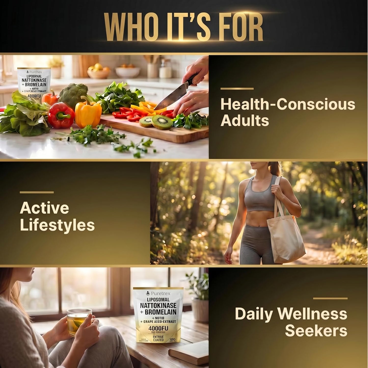 Promotional collage for a wellness supplement package, showing three lifestyle scenes with text labels: 'WHO IT'S FOR' for Health-Conscious Adults, 'Active Lifestyles' with a woman walking outdoors, and 'Daily Wellness Seekers' with a person drinking tea next to the supplement tub.