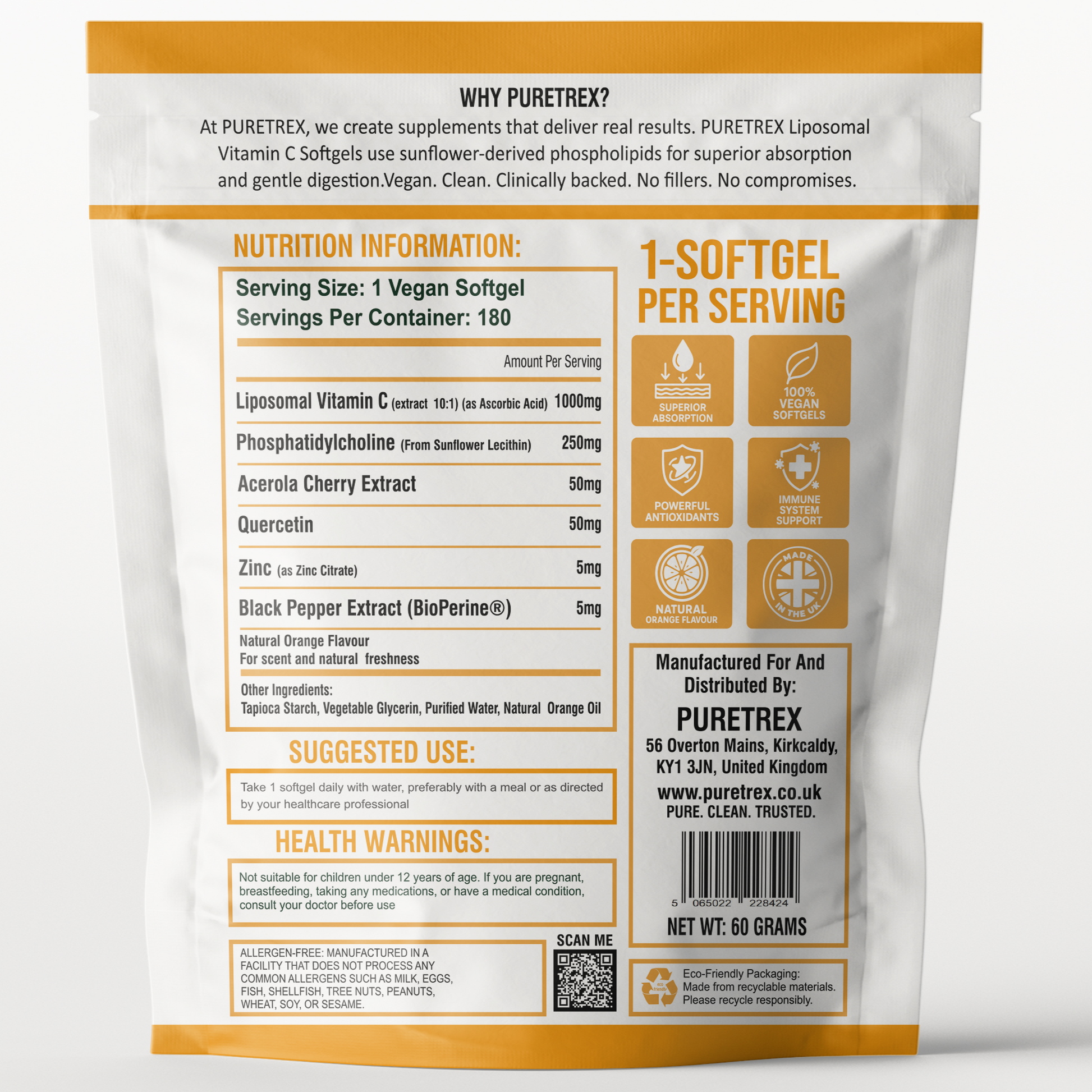 Back view of liposomal vitamin C softgels packaging showing nutrition facts, suggested use, and health warnings.