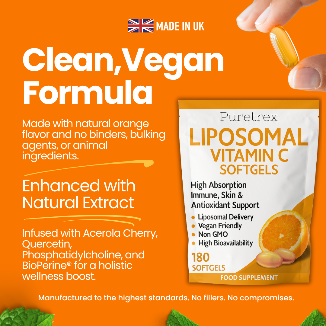 Liposomal vitamin C softgels packaging with text highlighting clean vegan formula and enhanced natural extracts.