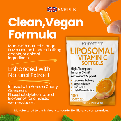 Liposomal vitamin C softgels packaging with text highlighting clean vegan formula and enhanced natural extracts.