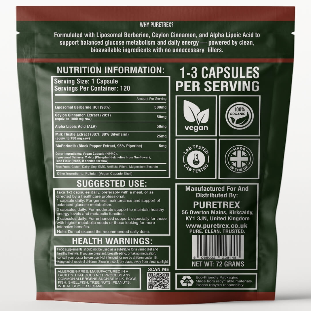 Liposomal Berberine 98% HCL 500mg + Ceylon Cinnamon, ALA... - back of packaging with nutrition facts