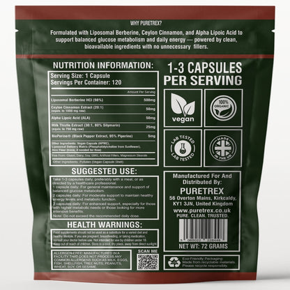 Liposomal Berberine 98% HCL 500mg + Ceylon Cinnamon, ALA, Milk Thistle