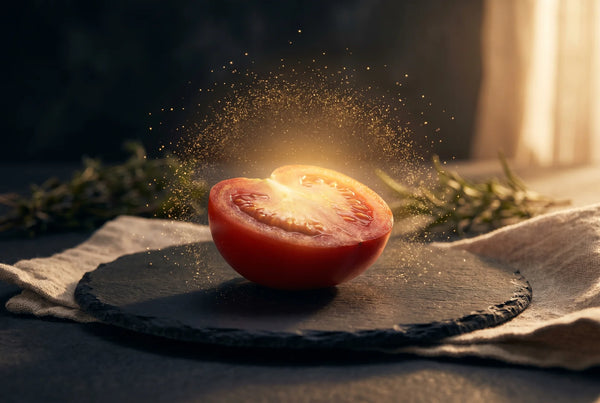 Sliced tomato showing lycopene-rich flesh with beta-sitosterol softgels on dark surface