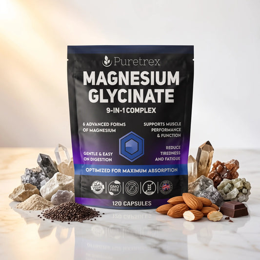 Puretrex Magnesium Glycinate 9-In-1 Complex in a black stand-up pouch, styled on a light marble surface with crystals, almonds, and chocolate pieces around it.