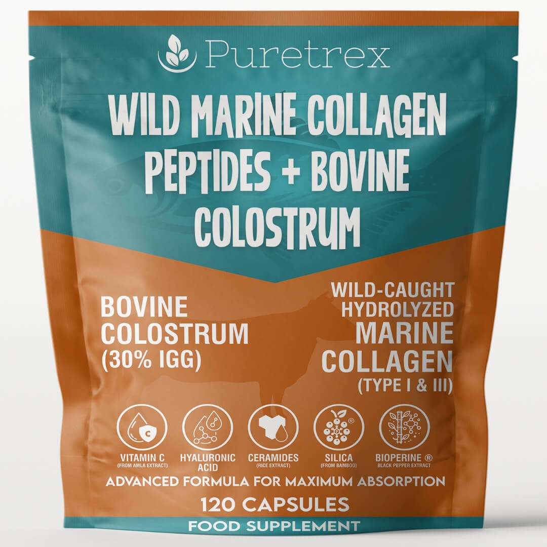 Wild Marine Collagen Peptides + Bovine Colostrum - capsules front of pouch by PURETREX