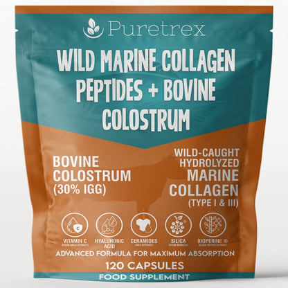 Wild Marine Collagen Peptides + Bovine Colostrum - capsules front of pouch by PURETREX