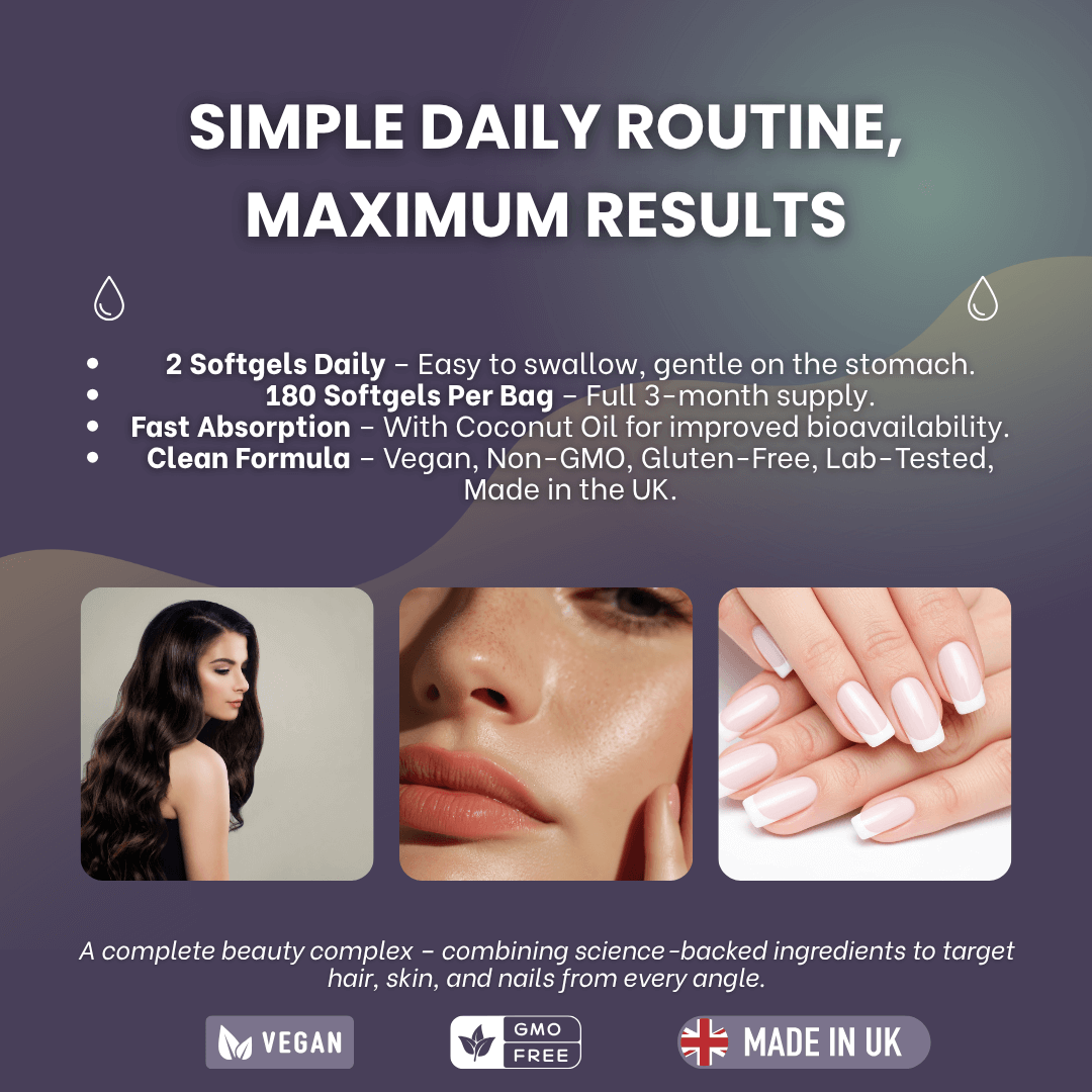 Advertisement for a beauty supplement with images of hair, skin, and nails, and text about daily routine and results.