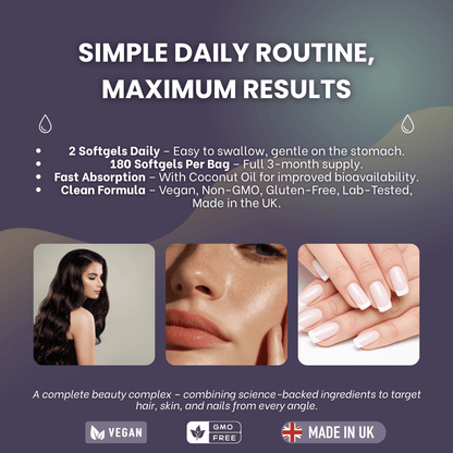 Advertisement for a beauty supplement with images of hair, skin, and nails, and text about daily routine and results.