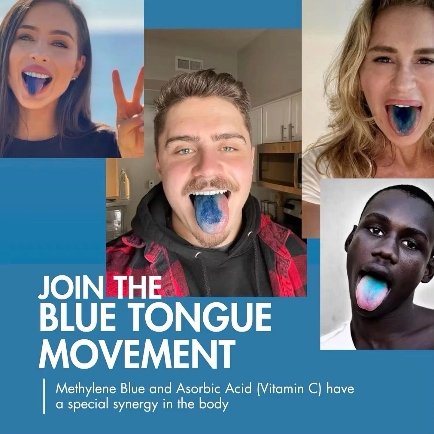 Group of people showing blue tongues after taking Puretrex Methylene Blue Gummies with text “Join the Blue Tongue Movement.”