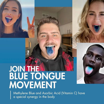 Group of people showing blue tongues after taking Puretrex Methylene Blue Gummies with text “Join the Blue Tongue Movement.”