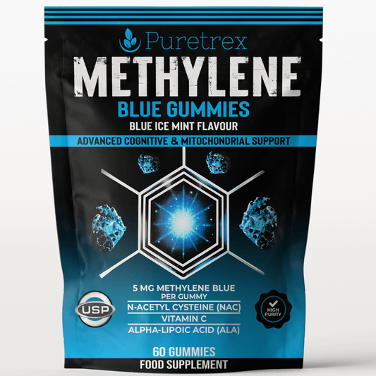 Puretrex Methylene Blue Gummies front packaging with Blue Ice Mint flavour, highlighting cognitive and mitochondrial support.