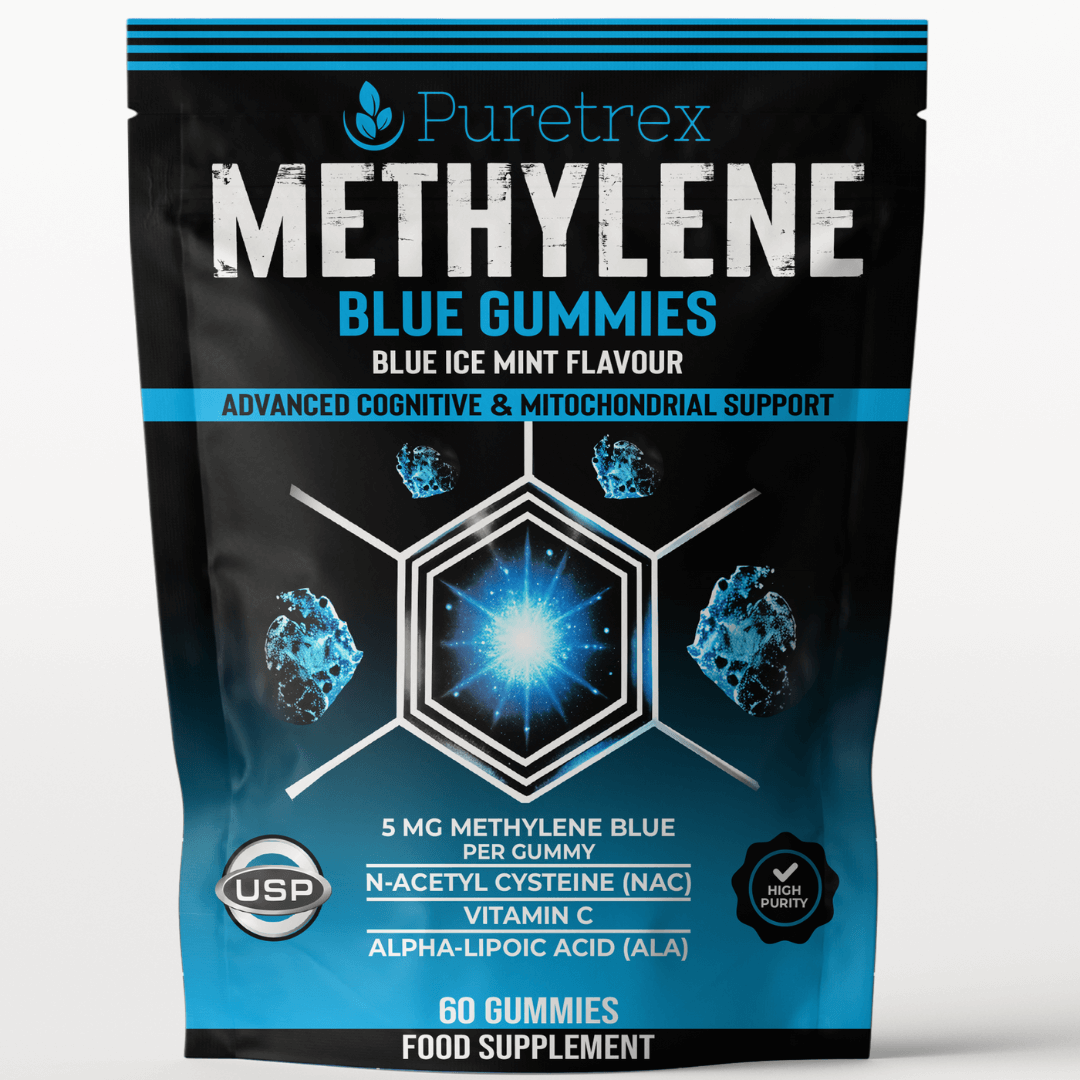 Puretrex Methylene Blue Gummies front packaging with Blue Ice Mint flavour, highlighting cognitive and mitochondrial support.