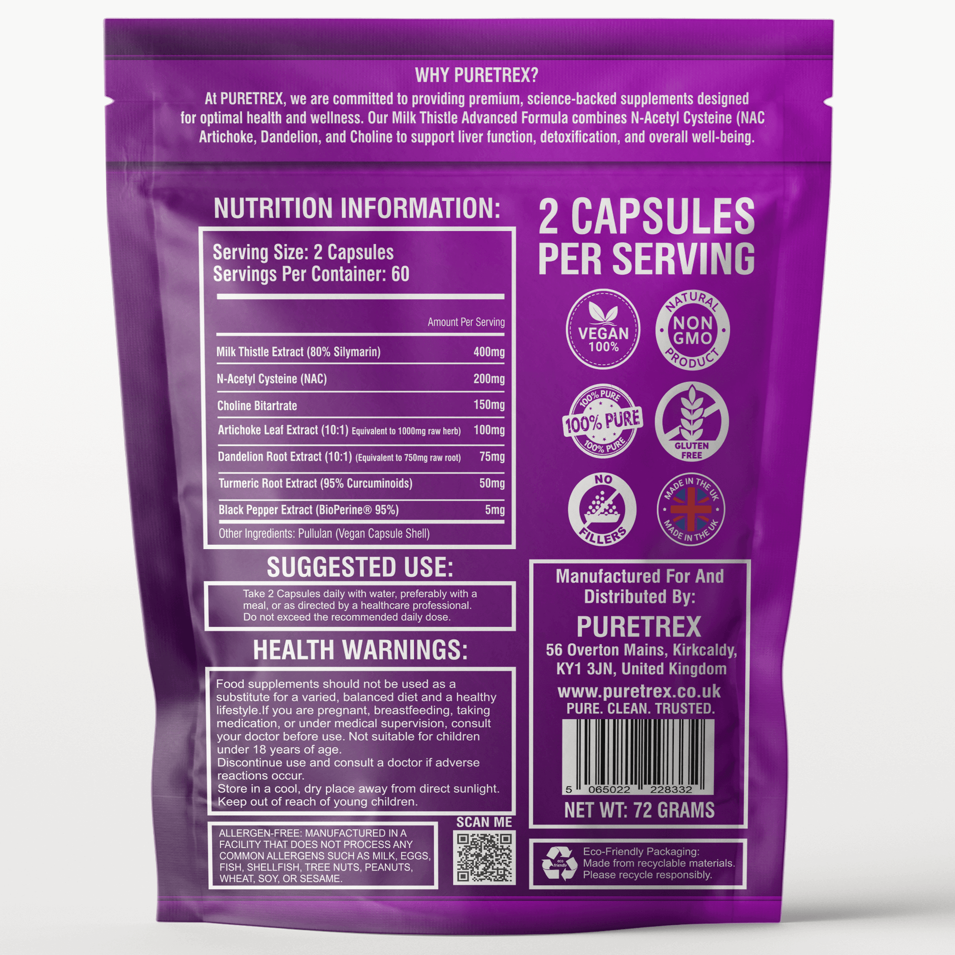 Back packaging of PURETREX Milk Thistle Advanced Formula, showing nutrition information, suggested use, health warnings, and manufacturer details.
