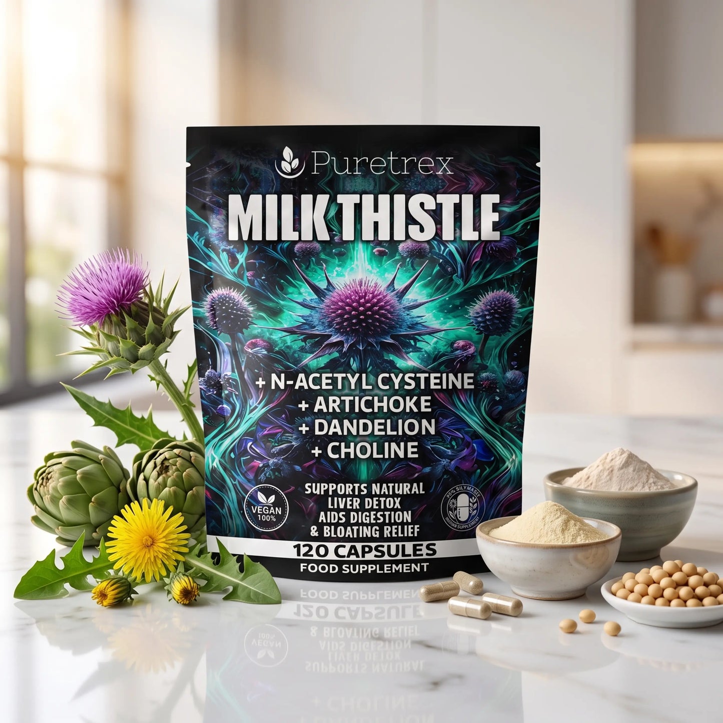Puretrex Milk Thistle food supplement pouch displayed on a light marble countertop with milk thistle flowers, artichokes, capsules, and bowls of powder and soybeans in a bright kitchen setting.