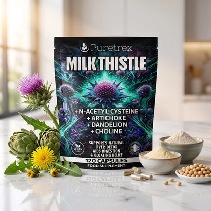 Puretrex Milk Thistle food supplement pouch displayed on a light marble countertop with milk thistle flowers, artichokes, capsules, and bowls of powder and soybeans in a bright kitchen setting.