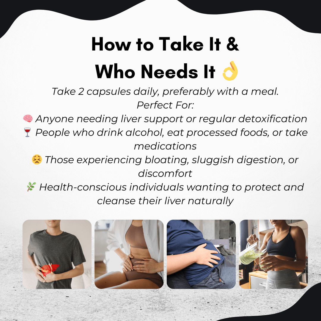 Guidance for PURETREX Milk Thistle Advanced Formula – take 2 capsules daily. Ideal for liver support, detox, digestion comfort, and those consuming alcohol or processed foods.