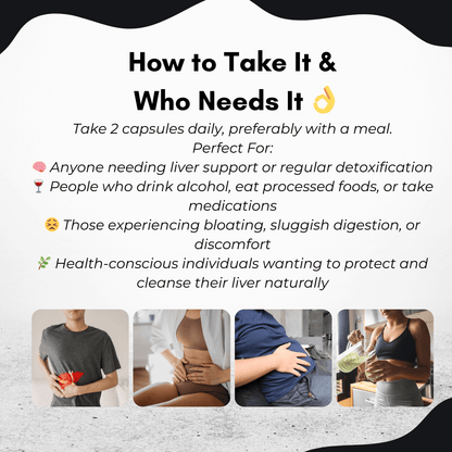 Guidance for PURETREX Milk Thistle Advanced Formula – take 2 capsules daily. Ideal for liver support, detox, digestion comfort, and those consuming alcohol or processed foods.