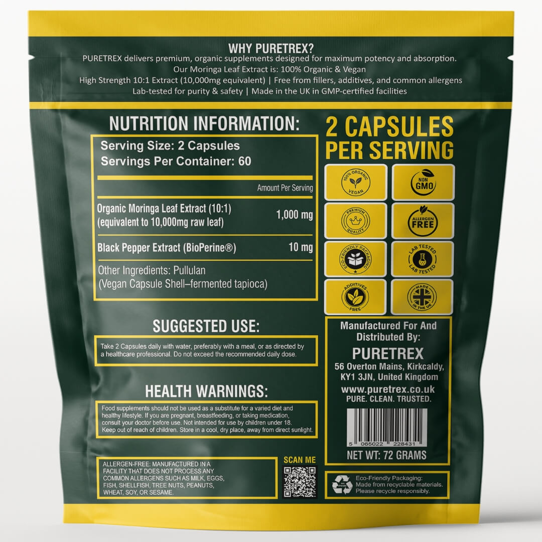 Organic Moringa Leaf Capsules - back of packaging with nutrition facts