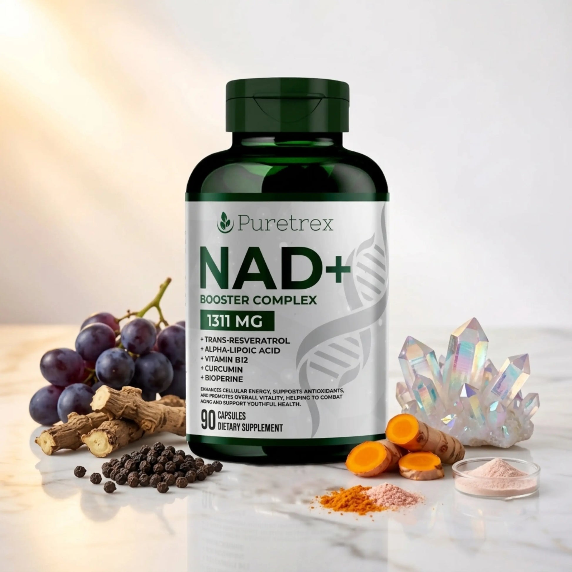 Puretrex NAD+ Booster Complex dietary supplement bottle, 131 mg, displayed on a white marble surface with natural ingredients including grapes, ginger, black peppercorns, turmeric root, turmeric powder, and a crystal cluster.