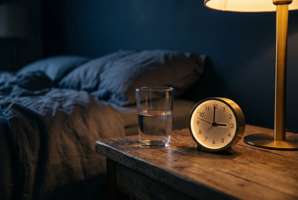 Bedside table with clock and water glass representing daily saw palmetto prostate health routine for men