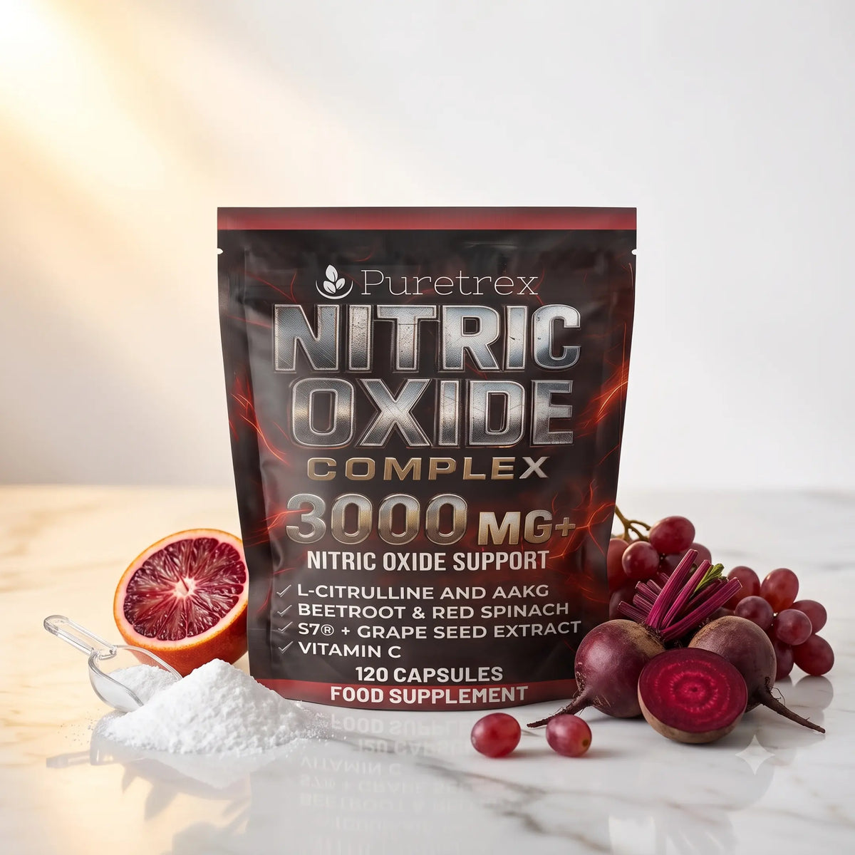 Puretrex Nitric Oxide Complex 3000 MG+ food supplement pouch displayed on a marble surface with beetroot, grapes, a sliced blood orange, and a scoop of powder.