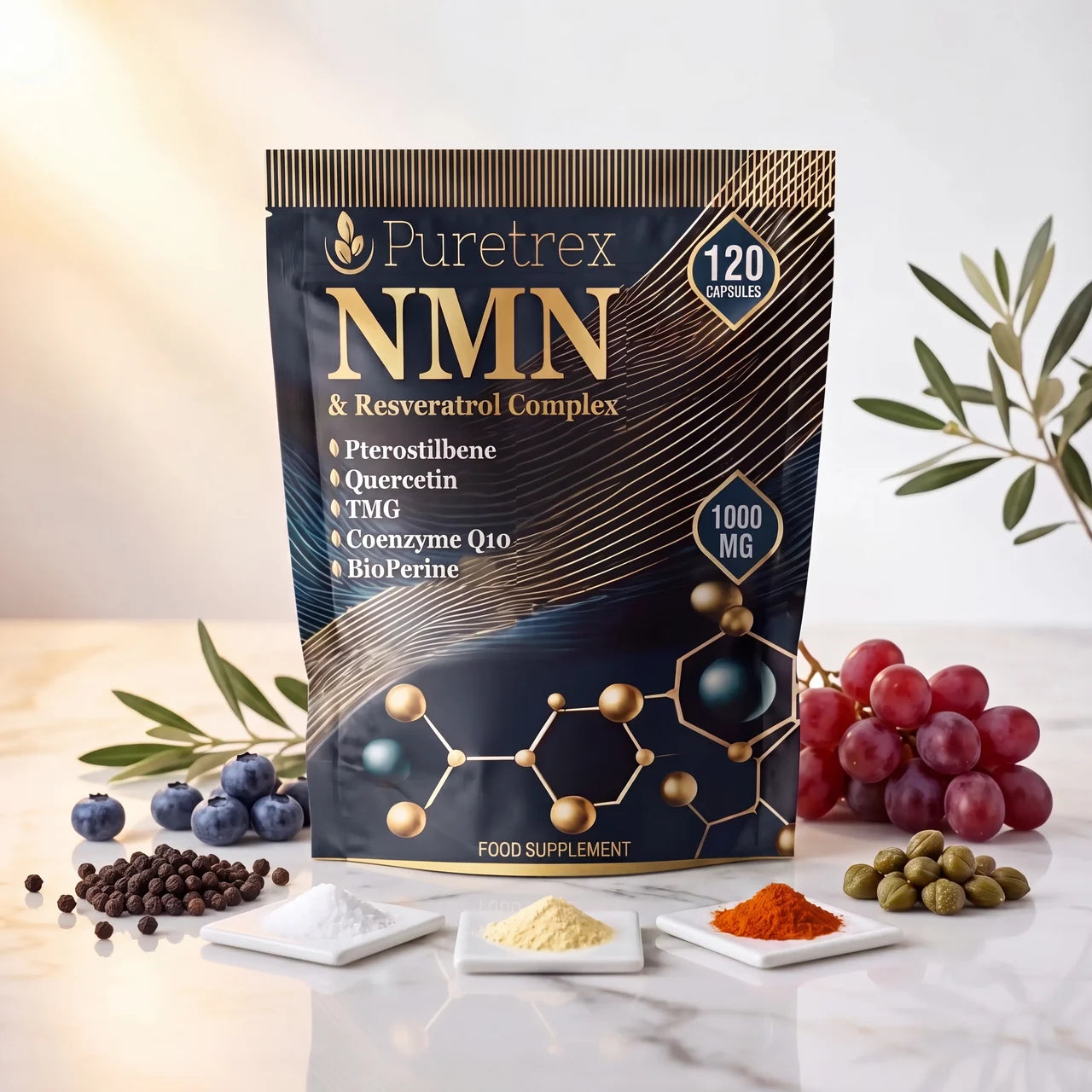 PURETREX NMN and Resveratrol Complex 1000mg per serving food supplement front pouch with 120 capsules, navy and gold premium packaging shown on a white marble surface with fresh grapes, blueberries, olive leaves and ingredient powders, formula with pterostilbene, quercetin, TMG, coenzyme Q10 and BioPerine