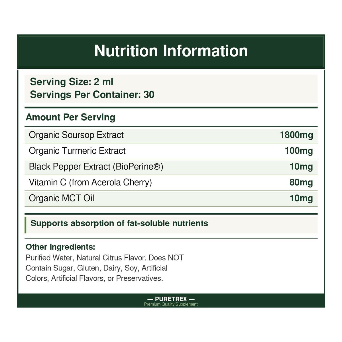 Nutrition information label for a supplement with various extracts and vitamins.